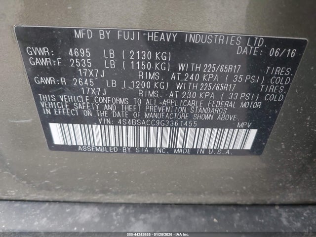 Продаж на аукціоні авто 2016 Subaru Outback 2.5i Premium, vin: 4S4BSACC9G3361455, номер лоту: 44242655
