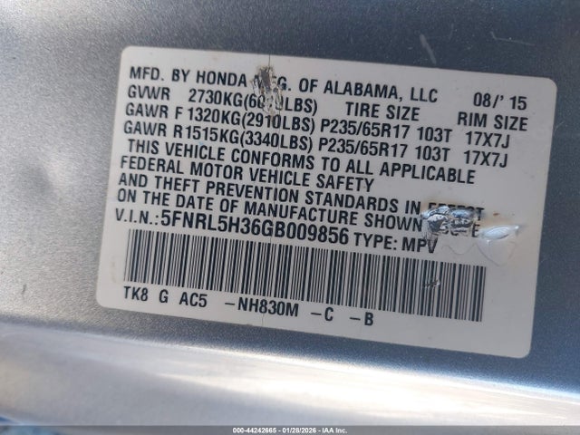 5FNRL5H36GB009856 Honda ODYSSEY SE