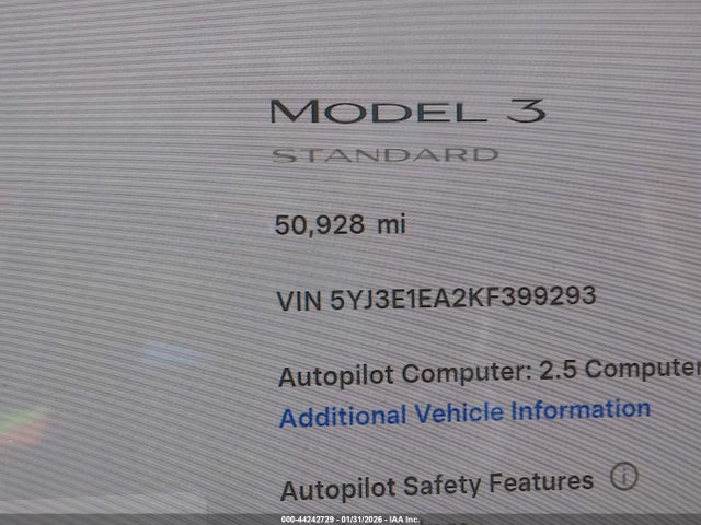 Aukcja sprzedaży 2019 Tesla Model 3 Long Range/mid Range/standard Range/standard Range Plus, vin: 5YJ3E1EA2KF399293, numer aukcji: 44242729