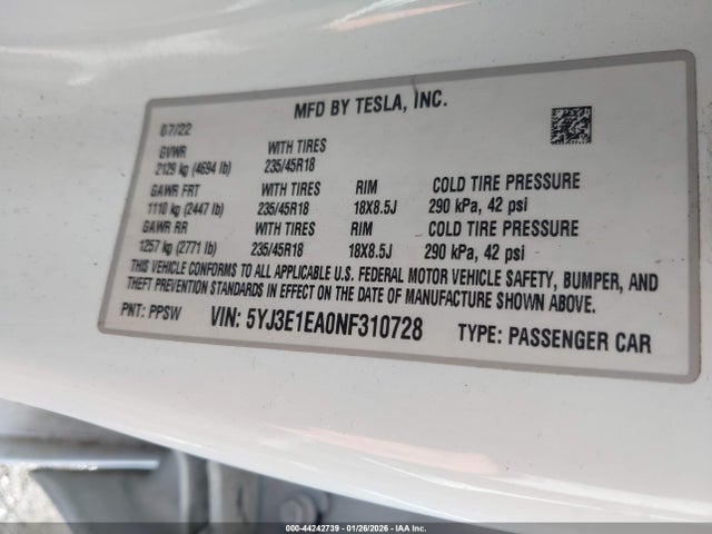 44242739 :رقم المزاد ، 5YJ3E1EA0NF310728 vin ، 2022 Tesla Model 3 Rear-wheel Drive مزاد بيع