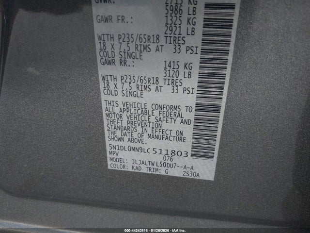 44242818 :رقم المزاد ، 5N1DL0MN9LC511803 vin ، 2020 Infiniti Qx60 Luxe مزاد بيع