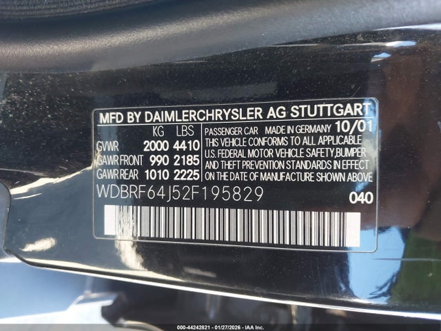 Aukcja sprzedaży 2002 Mercedes-benz C 320, vin: WDBRF64J52F195829, numer aukcji: 44242821