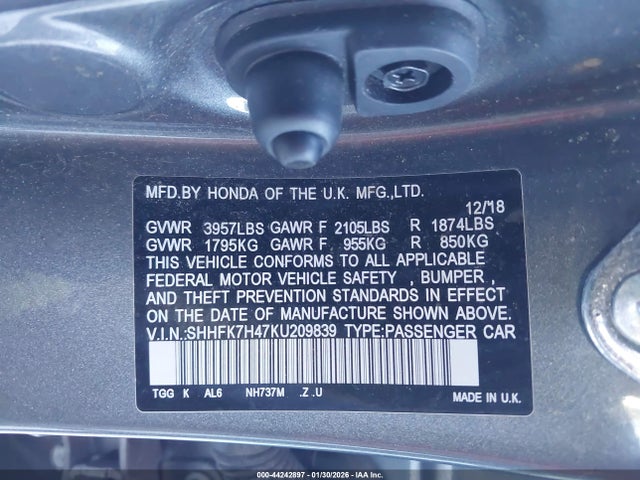 SHHFK7H47KU209839 Honda Civic Sport