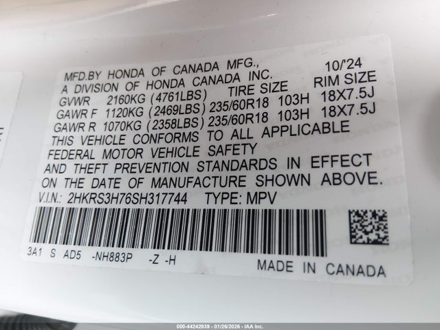 2HKRS3H76SH317744 Honda Cr-v Ex-l 2wd