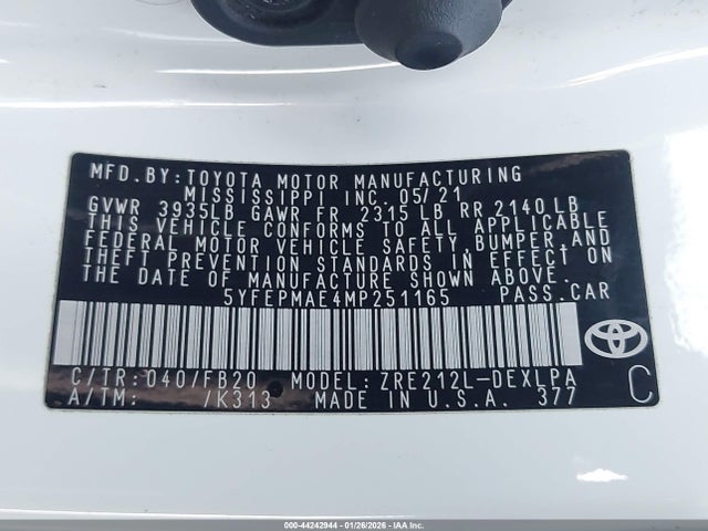 5YFEPMAE4MP251165 Toyota COROLLA LE