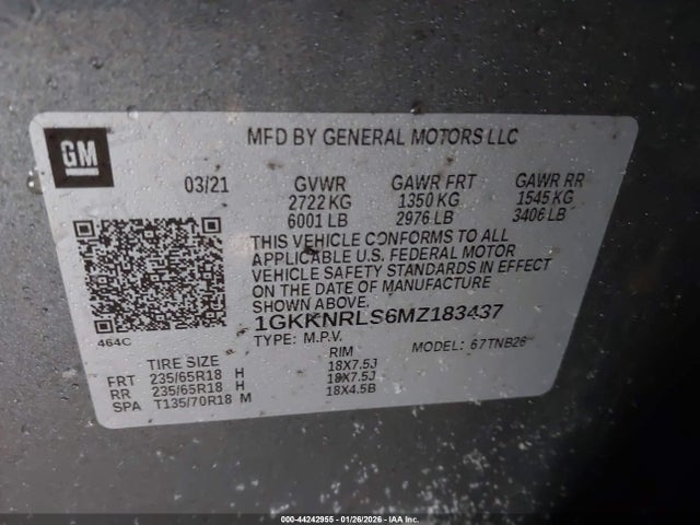 44242955 :رقم المزاد ، 1GKKNRLS6MZ183437 vin ، 2021 Gmc Acadia Awd Sle مزاد بيع