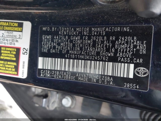 4T1B11HK0KU245762 Toyota CAMRY SE