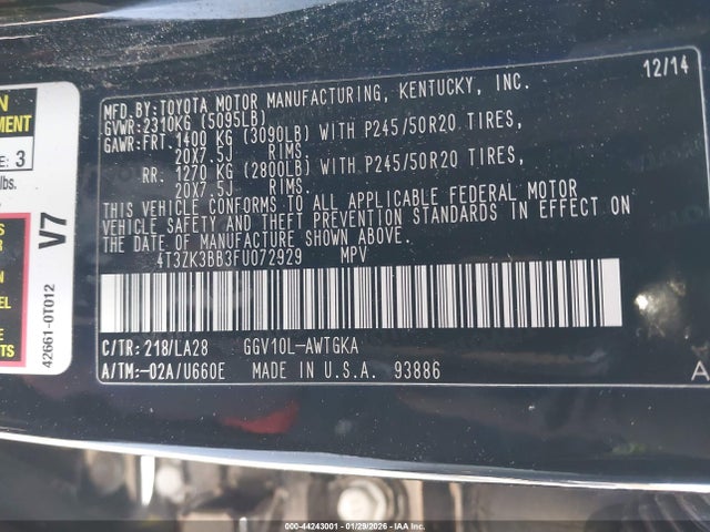 4T3ZK3BB3FU072929 Toyota Venza Xle V6