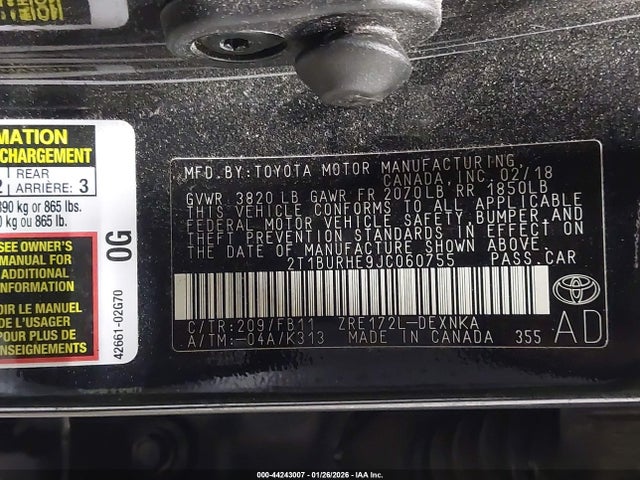 2T1BURHE9JC060755 Toyota COROLLA LE