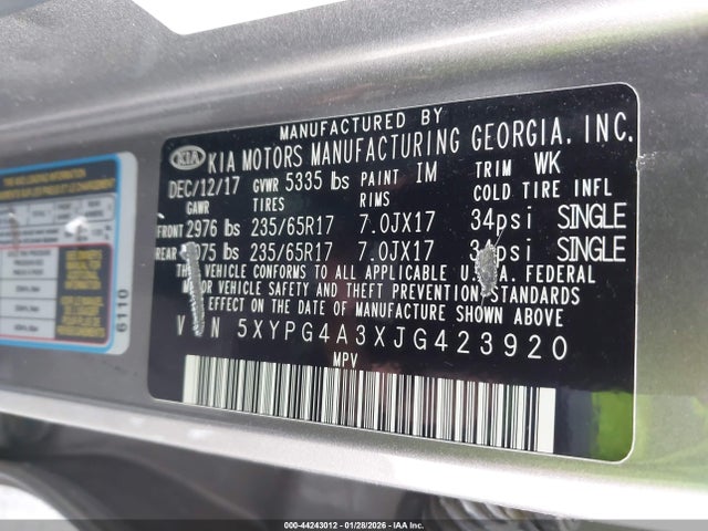 5XYPG4A3XJG423920 KIA Sorento 2.4l Lx