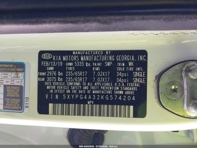 Aukcja sprzedaży 2019 Kia Sorento 2.4l Lx, vin: 5XYPG4A32KG574204, numer aukcji: 44243038