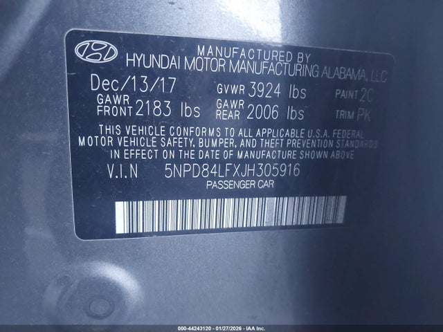 5NPD84LFXJH305916 Hyundai ELANTRA SEL