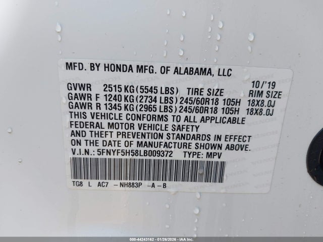 Honda Pilot 2wd Ex-l 2020 5FNYF5H58LB009372 Image 9