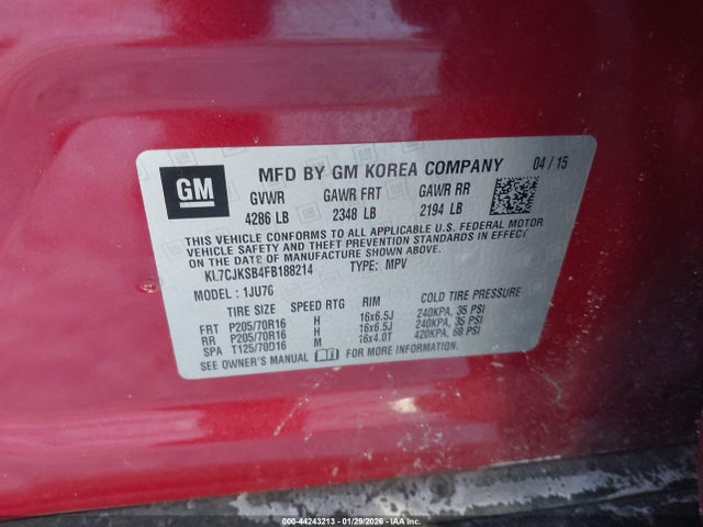 Chevrolet Trax 1ls 2015 KL7CJKSB4FB188214 Image 9