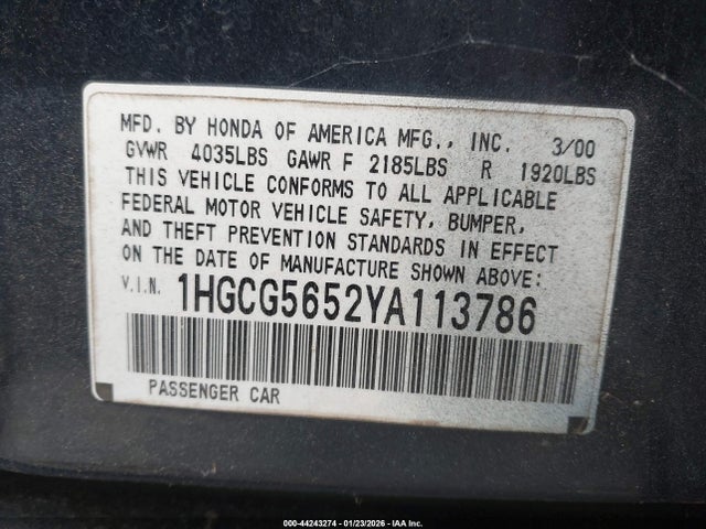 2000 HONDA ACCORD 1HGCG5652YA113786 Photo 8