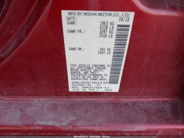 Nissan Altima 2.5 Sv 2019 1N4BL4DV2KC102534 Image 9