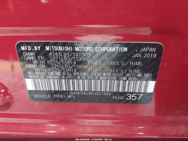 JA4AP3AU3KU021840 Mitsubishi Outlander Sport 2.0 Es/2.0 Le/2.0 Sp
