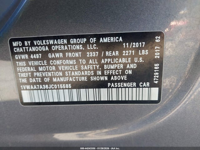 Продаж на аукціоні авто 2018 Volkswagen Passat 2.0t R-line/2.0t S, vin: 1VWAA7A36JC015585, номер лоту: 44243358
