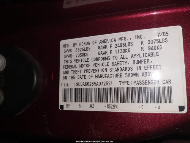 2005 ACURA TL 19UUA66255A072521 Photo 8