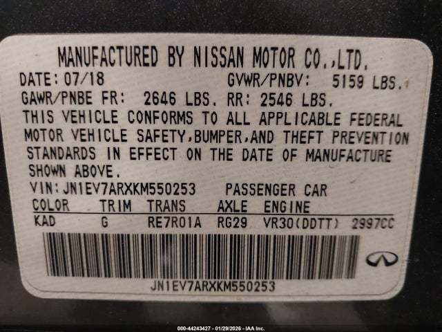 Продаж на аукціоні авто 2019 Infiniti Q50 3.0t Luxe, vin: JN1EV7ARXKM550253, номер лоту: 44243427