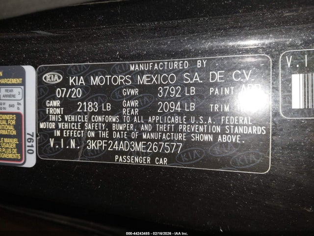 44243485 :رقم المزاد ، 3KPF24AD3ME267577 vin ، 2021 Kia Forte Lxs مزاد بيع
