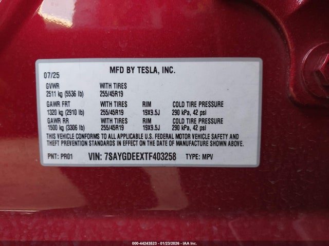 Aukcja sprzedaży 2026 Tesla Model Y Long Range Launch Series/premium All-wheel Drive, vin: 7SAYGDEEXTF403258, numer aukcji: 44243523