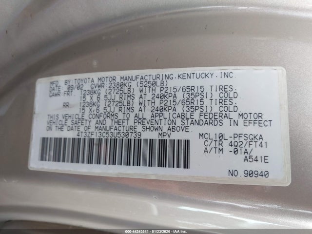 44243581 :رقم المزاد ، 4T3ZF13C53U530739 vin ، 2003 Toyota Sienna Le مزاد بيع