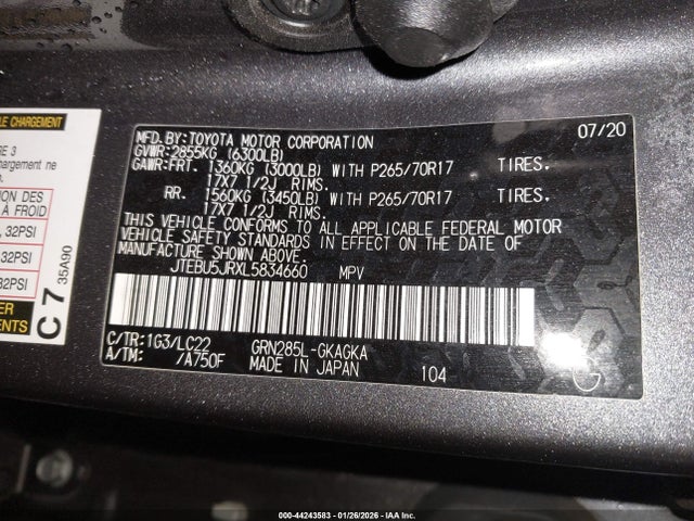 JTEBU5JRXL5834660 Toyota 4runner Trd Off Road Premium