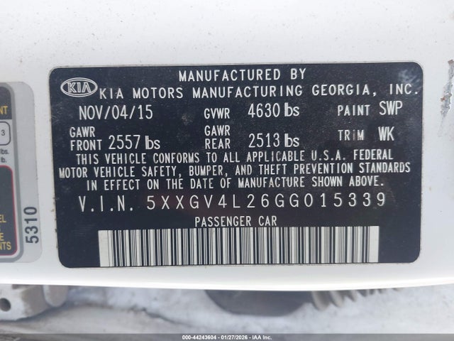 2016 Kia Optima Sxl Turbo მანქანა იყიდება აუქციონზე, vin: 5XXGV4L26GG015339, აუქციონის ნომერი: 44243604