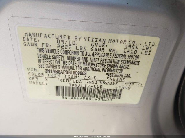 Продаж на аукціоні авто 2011 Nissan Sentra 2.0sr, vin: 3N1AB6AP8BL609603, номер лоту: 44243618