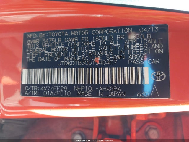 Aukcja sprzedaży 2013 Toyota Prius C Three, vin: JTDKDTB30D1040407, numer aukcji: 44243683
