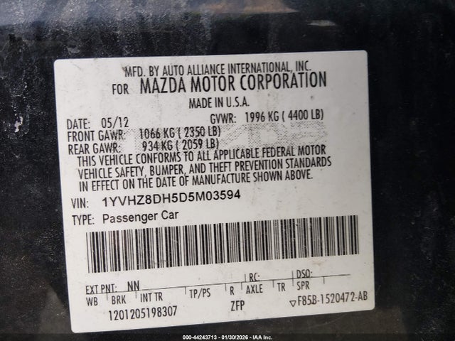 2013 Mazda Mazda6 I Touring მანქანა იყიდება აუქციონზე, vin: 1YVHZ8DH5D5M03594, აუქციონის ნომერი: 44243713