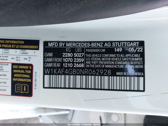 Aukcja sprzedaży 2022 Mercedes-benz C 300 Sedan, vin: W1KAF4GB0NR062928, numer aukcji: 44243803