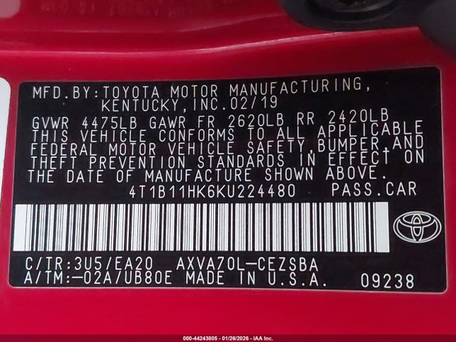 4T1B11HK6KU224480 Toyota CAMRY SE
