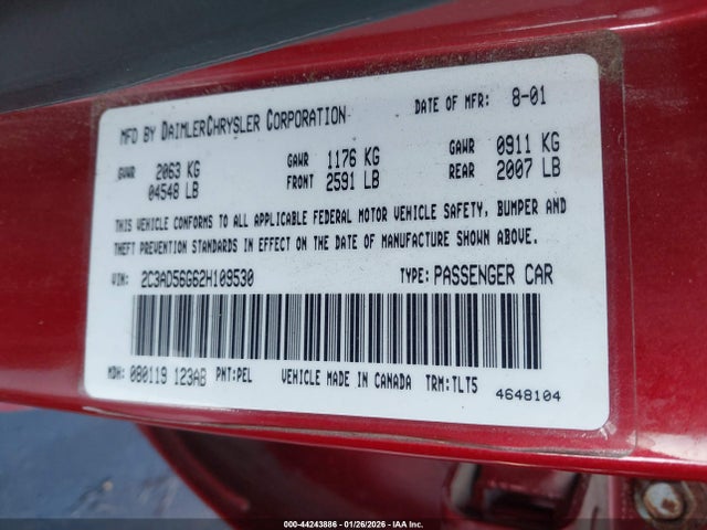 2002 Chrysler Concorde Limited მანქანა იყიდება აუქციონზე, vin: 2C3AD56G62H109530, აუქციონის ნომერი: 44243886
