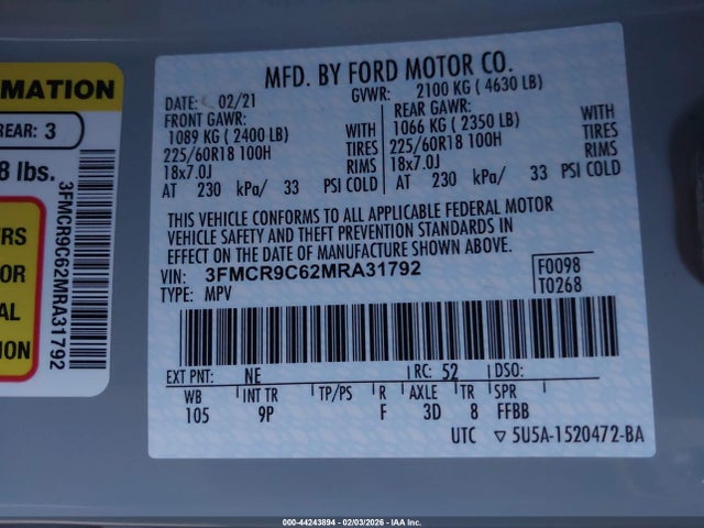 Продаж на аукціоні авто 2021 Ford Bronco Sport Outer Banks, vin: 3FMCR9C62MRA31792, номер лоту: 44243894