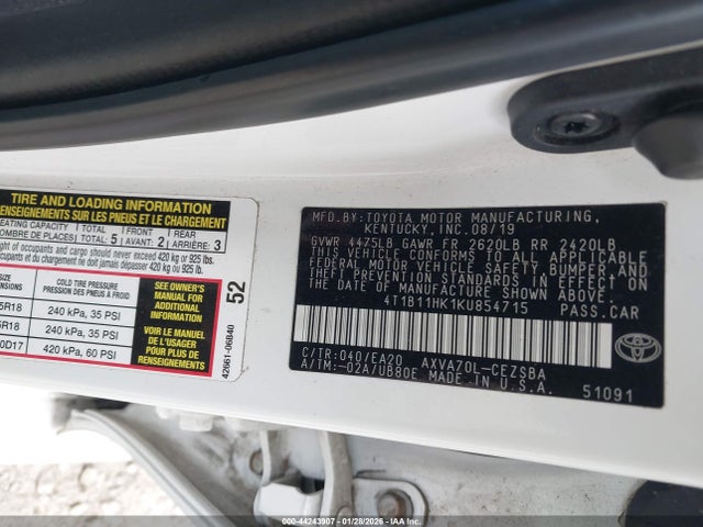 4T1B11HK1KU854715 Toyota CAMRY SE