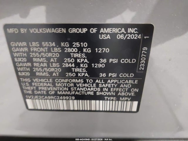 Продажа на аукционе авто 2024 Volkswagen Atlas Cross Sport 2.0t Se W/technology, vin: 1V2JE2CA9RC249929, номер лота: 44243949