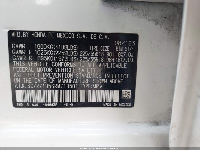 3CZRZ1H56RM718501 Honda Hr-v 2wd Sport W/o Bsi/sport
