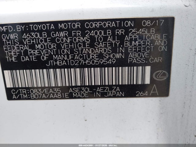 2017 Lexus Is 200t მანქანა იყიდება აუქციონზე, vin: JTHBA1D27H5059549, აუქციონის ნომერი: 44243991