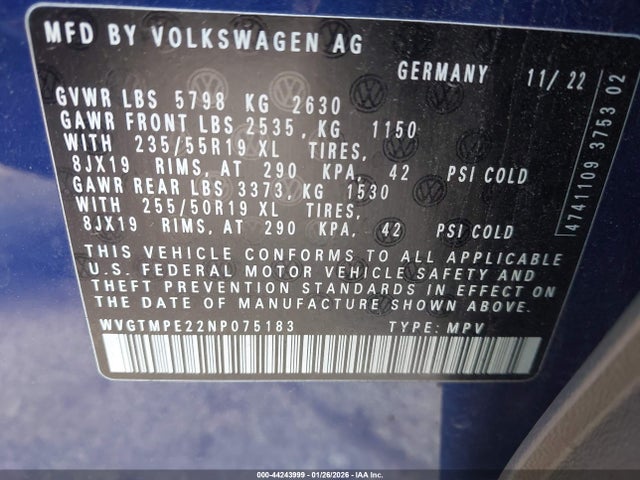 44243999 :رقم المزاد ، WVGTMPE22NP075183 vin ، 2022 Volkswagen Id.4 Pro S مزاد بيع
