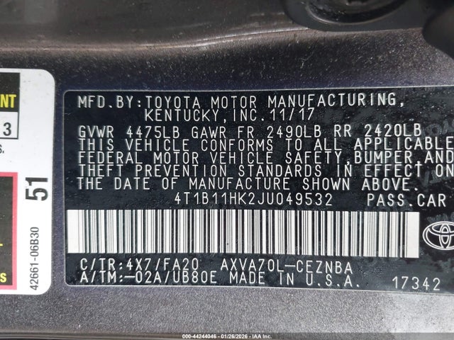 4T1B11HK2JU049532 Toyota CAMRY LE