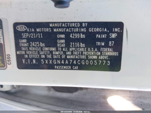 44244098 :رقم المزاد ، 5XXGN4A74CG005773 vin ، 2012 Kia Optima Ex مزاد بيع