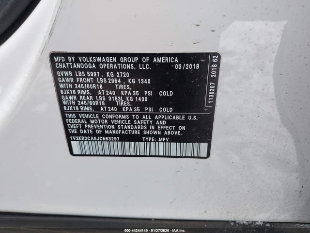 1V2KR2CA5JC563297 Volkswagen Atlas 3.6l V6 Se