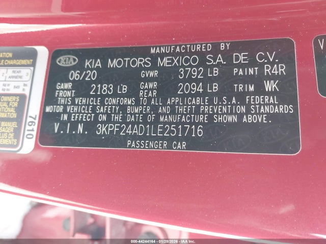 3KPF24AD1LE251716 KIA Forte Lxs