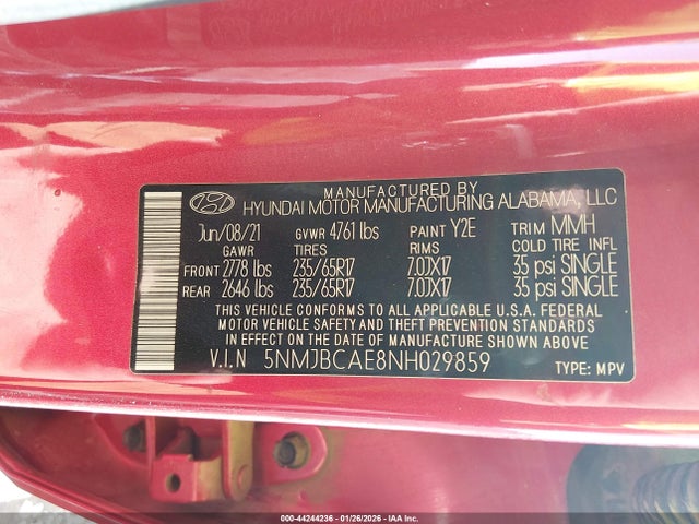 5NMJBCAE8NH029859 Hyundai TUCSON SEL