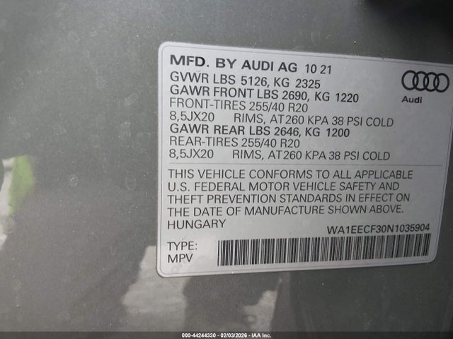 Продаж на аукціоні авто 2022 Audi Q3 Premium Plus 45 Tfsi S Line Quattro Tiptronic, vin: WA1EECF30N1035904, номер лоту: 44244330