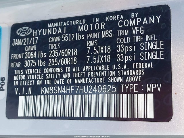 KM8SN4HF7HU240625 Hyundai Santa Fe Limited