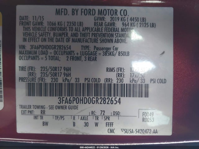 Ford FUSION SE 2016 3FA6P0HD0GR282654 Image 9