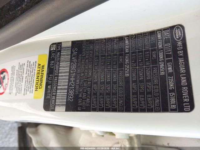 Продажа на аукционе авто 2017 Land Rover Range Rover Evoque Se/se Premium, vin: SALVP2BG1HH213892, номер лота: 44244554